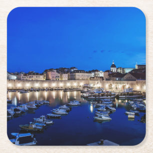 Dessous-de-verre Carré En Papier Port et murs de Dubrovnik illuminés la nuit