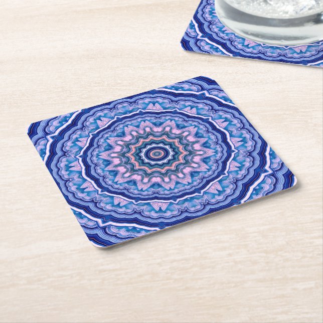 Dessous-de-verre Carré En Papier Porte blanche rose bleu Boho Mandala (Incliné)