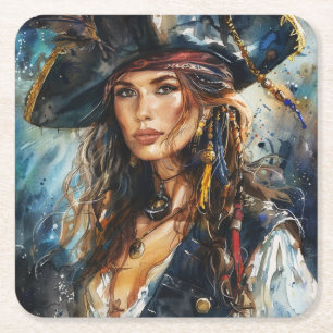 Dessous-de-verre Carré En Papier Portrait de femme pirate à l'aquarelle