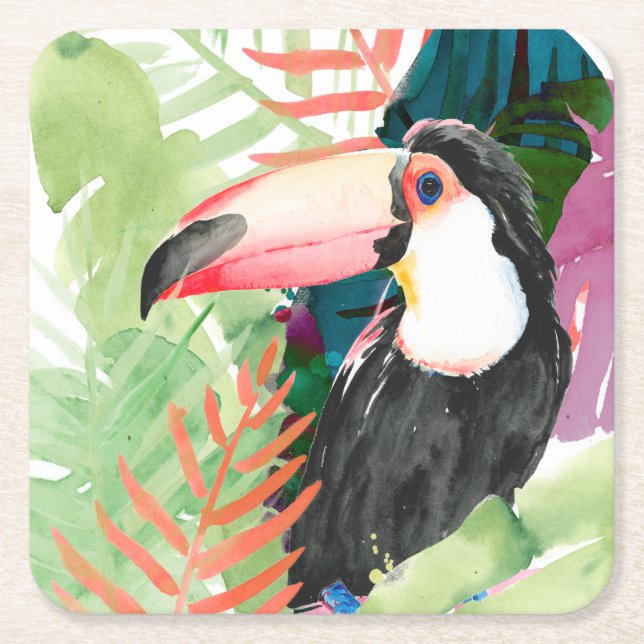 Dessous-de-verre Carré En Papier Portrait du Toucan avec Feuilles tropicaux (Devant)