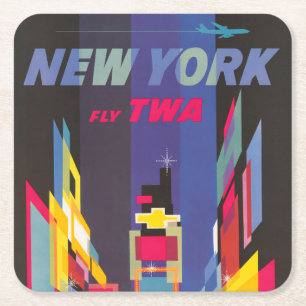 Dessous-de-verre Carré En Papier Poster Vintage voyage, Fly Twa, New York