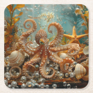 Dessous-de-verre Carré En Papier Poulpes Coquillages Étoiles de mer Perles Océan Tr