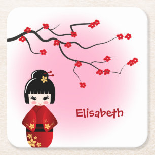 Dessous-de-verre Carré En Papier Poupée kokeshi japonaise au nom de la fille sakur