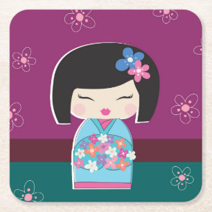Dessous-de-verre Carré En Papier Poupée Kokeshi, prune