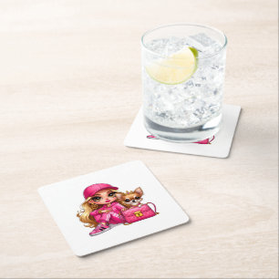 Dessous-de-verre Carré En Papier Poupeée de mode rose et couverture en molleton pou