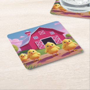 Dessous-de-verre Carré En Papier Poussins dans la basse-cour Joyeux Printemps