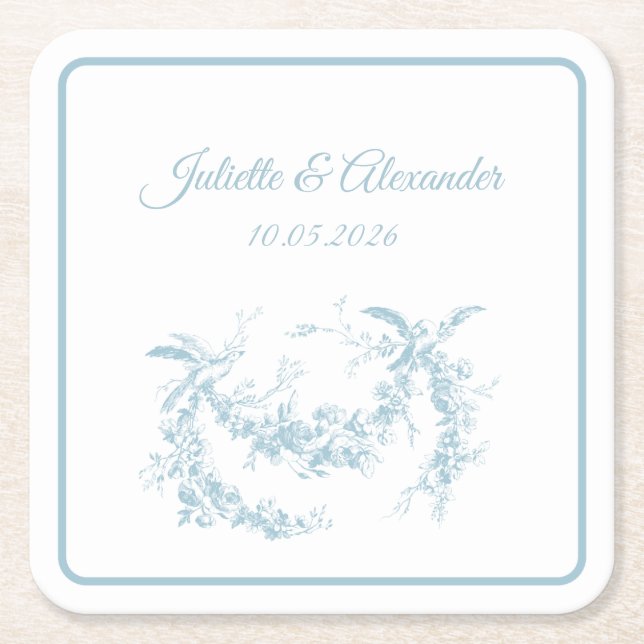 Dessous-de-verre Carré En Papier Powder Blue Toile de Jouy Wedding Paper Coasters (Devant)
