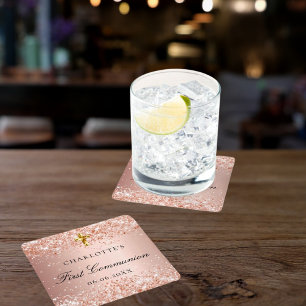 Dessous-de-verre Carré En Papier Premier Communion blush rose or nom de parties sci