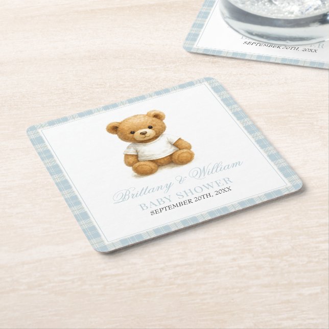 Dessous-de-verre Carré En Papier Preppy Bear Designer Blue Plaid Baby shower (Incliné)