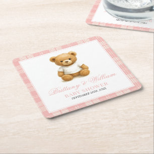 Dessous-de-verre Carré En Papier Preppy Bear Élégant Baby shower rose