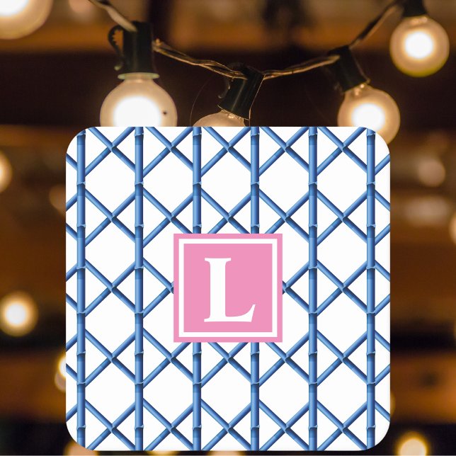 Dessous-de-verre Carré En Papier Preppy Blue Trellis Bamboo Motif Monogramme (Créateur téléchargé)