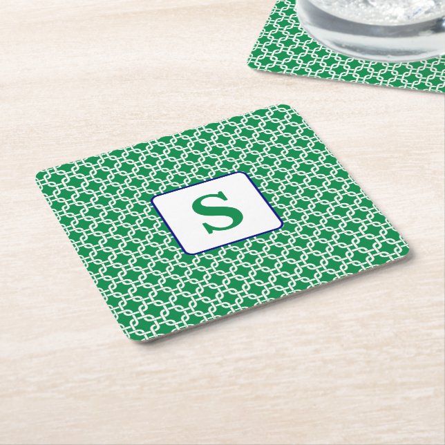 Dessous-de-verre Carré En Papier Preppy Green White Lien Motif Marine Monogramme (Incliné)
