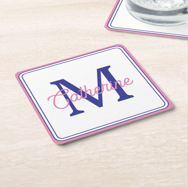 Dessous-de-verre Carré En Papier Preppy Pink and Navy Blue Simple Monogram (Incliné)