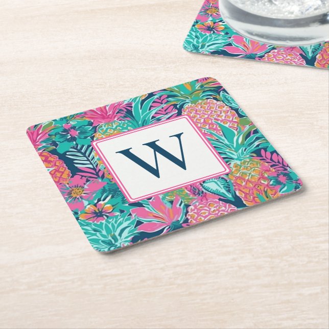 Dessous-de-verre Carré En Papier Preppy Pink Teal Navy Blue Pineapple Monogram (Incliné)