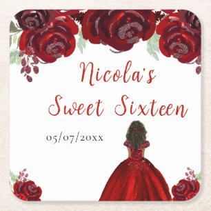 Dessous-de-verre Carré En Papier Princesse à peau foncée Fleurs rouges florales Swe
