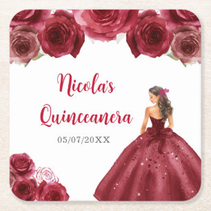 Dessous-de-verre Carré En Papier Princesse Florale en Robe Rouge Quinceanera
