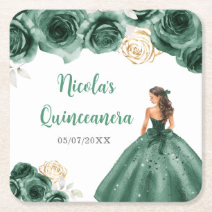 Dessous-de-verre Carré En Papier Princesse florale en robe vert foncé Quinceanera