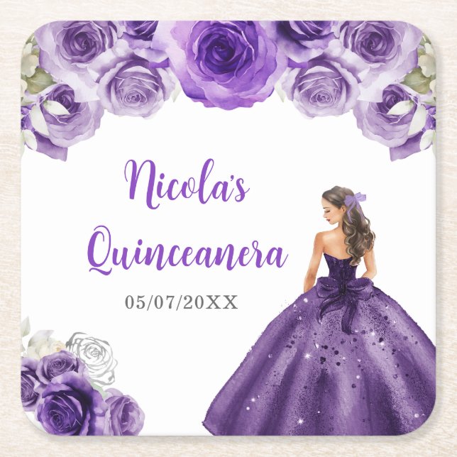 Dessous-de-verre Carré En Papier Princesse Florale en Robe violette foncée Quincean (Devant)