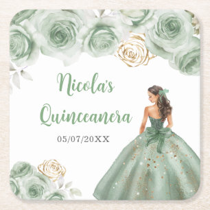 Dessous-de-verre Carré En Papier Princesse Florale en Sage Robe Verte Quinceanera
