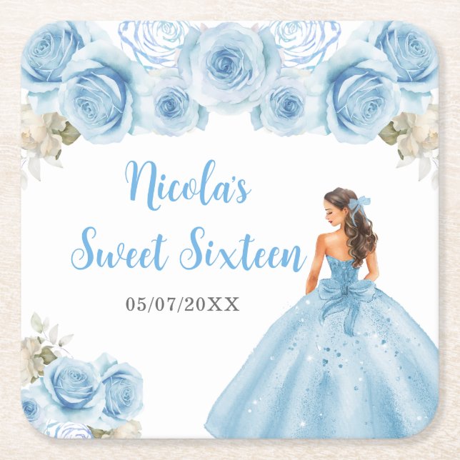 Dessous-de-verre Carré En Papier Princesse Florale en Sweet sixteen Robe Bleue (Devant)