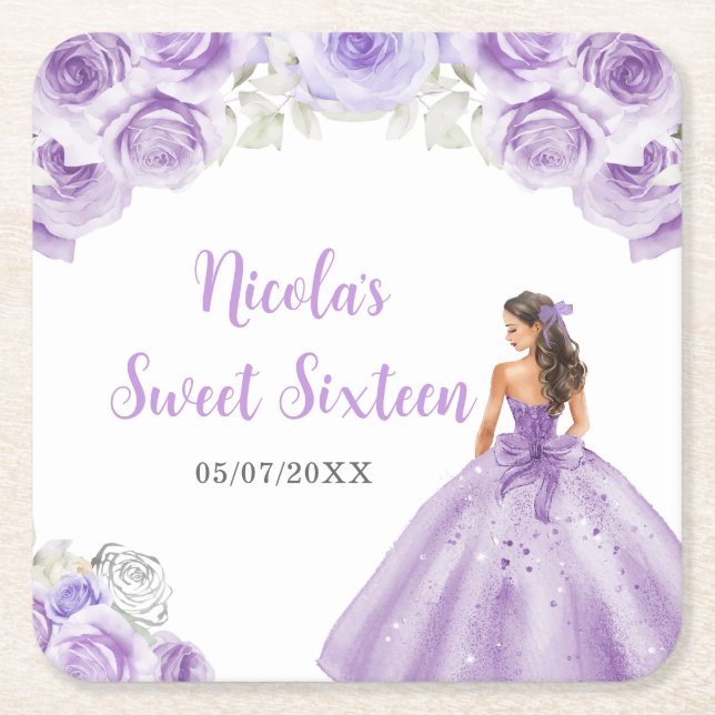 Dessous-de-verre Carré En Papier Princesse Florale en Sweet sixteen Robe violette (Devant)