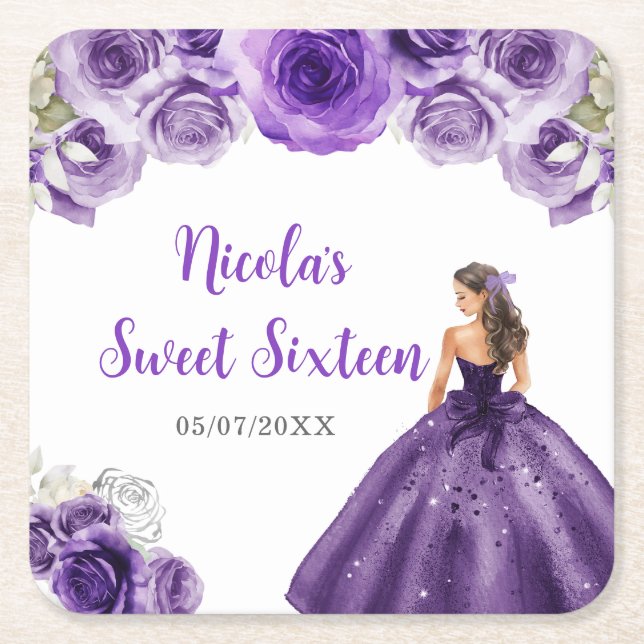 Dessous-de-verre Carré En Papier Princesse Florale en Sweet sixteen Robe violette (Devant)