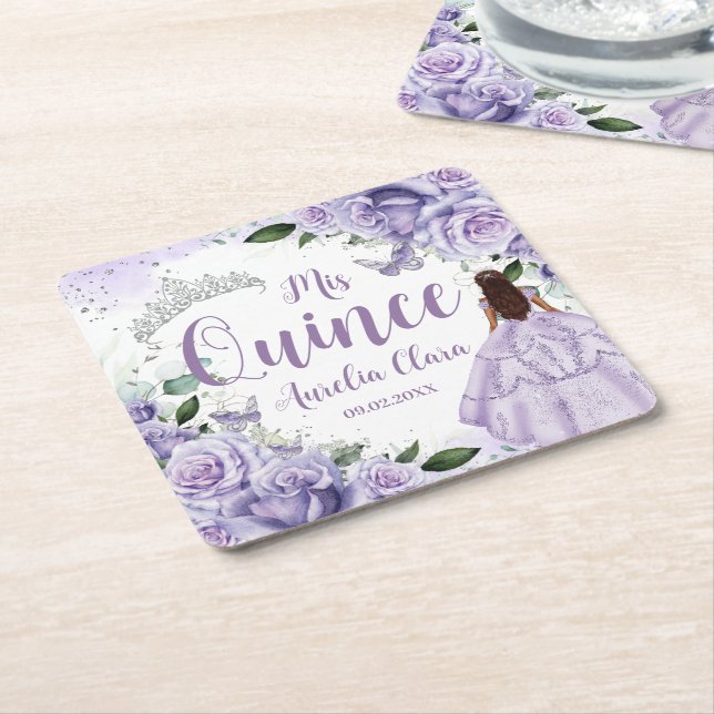 Dessous-de-verre Carré En Papier Princesse Florale violette Silver Quinceañera XV 1 (Incliné)