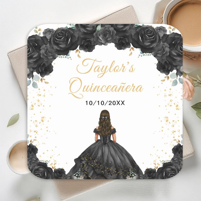 Dessous-de-verre Carré En Papier Princesse noire Floral Quinceañera (Créateur téléchargé)
