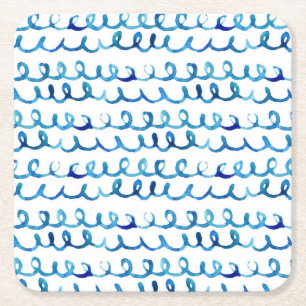 Dessous-de-verre Carré En Papier Profil onduleux d'aquarelle bleue peinte à la mai