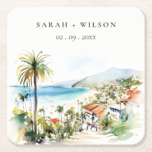 Dessous-de-verre Carré En Papier Puerto Vallarta Mexique paysage aquarelle Mariage