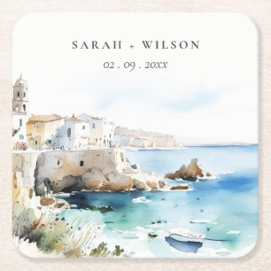 Dessous-de-verre Carré En Papier Puglie, Italie Paysage aquarelle Mariage