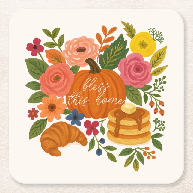 Dessous-de-verre Carré En Papier Pumpkin Floral Bless This Home Coaster Fall (Devant)