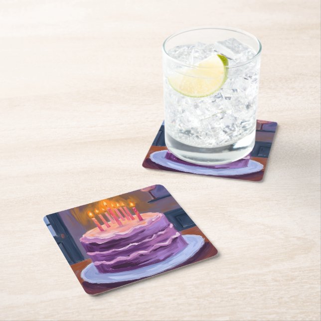 Dessous-de-verre Carré En Papier Purple Birthday Cake Painting Birthday Party (En situation)