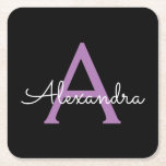 Dessous-de-verre Carré En Papier Purple Black Script Girl Nom du monogramme<br><div class="desc">Dessous de verre en papier noir et violet simple Script Monogramme Nom. Cela fait le cadeau parfait de remise de diplômes,  anniversaire,  mariage,  douche nuptiale,  anniversaire,  baby shower ou bachelorette pour quelqu'un qui aime le luxe glam et les styles chic.</div>