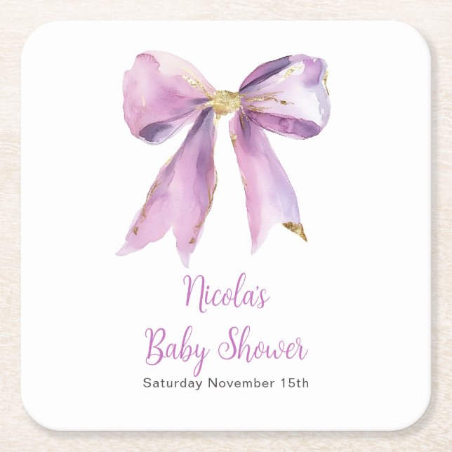Dessous-de-verre Carré En Papier Purple Coquette Bow Baby Shower (Devant)