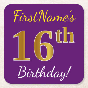 Dessous-de-verre Carré En Papier Purple, Faux Gold 16e anniversaire + Nom personnal