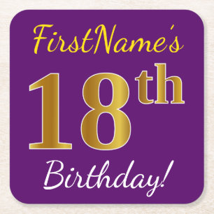 Dessous-de-verre Carré En Papier Purple, Faux Gold 18e anniversaire + Nom personnal