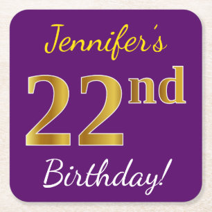 Dessous-de-verre Carré En Papier Purple, Faux Gold 22e anniversaire + Nom personnal