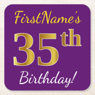 Dessous-de-verre Carré En Papier Purple, Faux Gold 35e anniversaire + Nom personnal