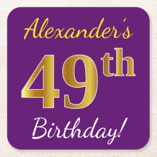 Dessous-de-verre Carré En Papier Purple, Faux Gold 49e anniversaire + Nom personnal