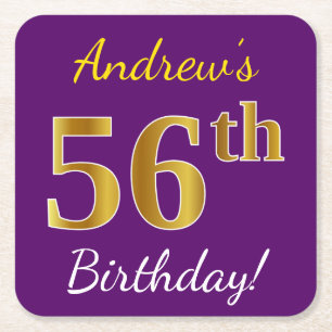 Dessous-de-verre Carré En Papier Purple, Faux Gold 56e anniversaire + Nom personnal