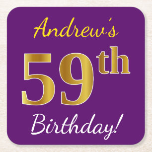 Dessous-de-verre Carré En Papier Purple, Faux Gold 59e anniversaire + Nom personnal