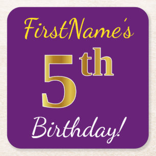 Dessous-de-verre Carré En Papier Purple, Faux Gold 5e anniversaire + Nom personnali