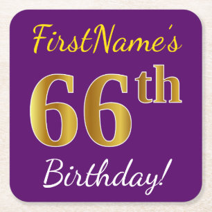 Dessous-de-verre Carré En Papier Purple, Faux Gold 66e anniversaire + Nom personnal