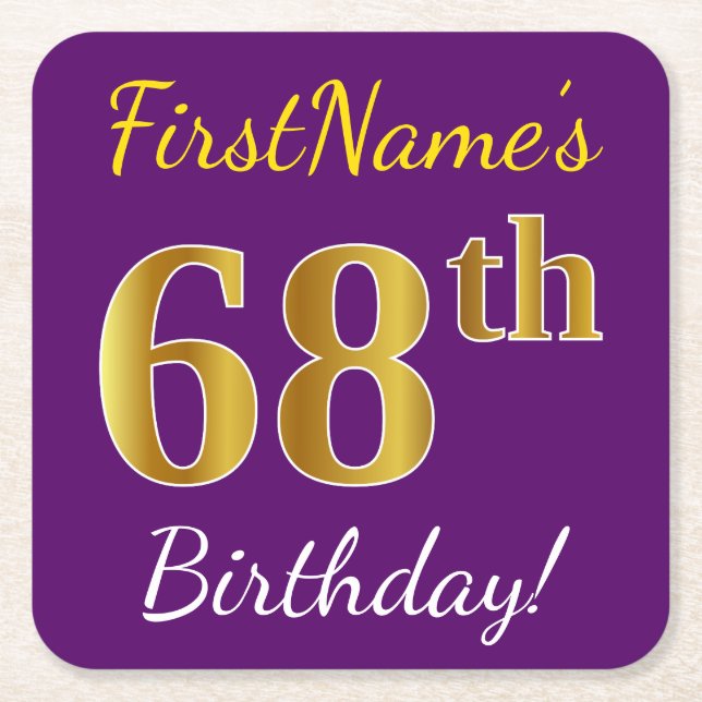 Dessous-de-verre Carré En Papier Purple, Faux Gold 68e anniversaire + Nom personnal (Devant)