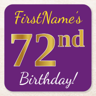 Dessous-de-verre Carré En Papier Purple, Faux Gold 72e anniversaire + Nom personnal