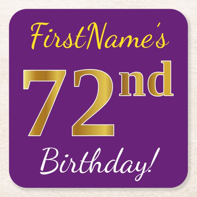 Dessous-de-verre Carré En Papier Purple, Faux Gold 72e anniversaire + Nom personnal (Devant)