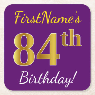 Dessous-de-verre Carré En Papier Purple, Faux Gold 84e anniversaire + Nom personnal