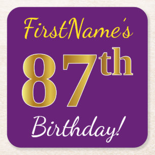 Dessous-de-verre Carré En Papier Purple, Faux Gold 87e anniversaire + Nom personnal