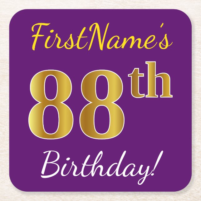 Dessous-de-verre Carré En Papier Purple, Faux Gold 88e anniversaire + Nom personnal (Devant)